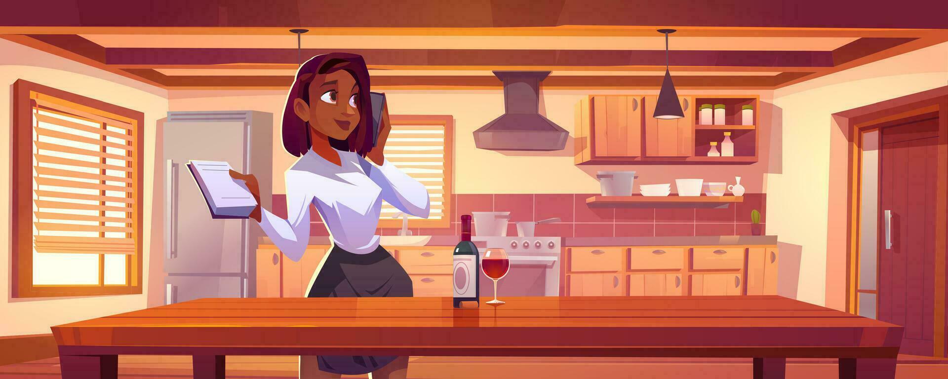 svart kvinna stående nära kök tabell bakgrund vektor
