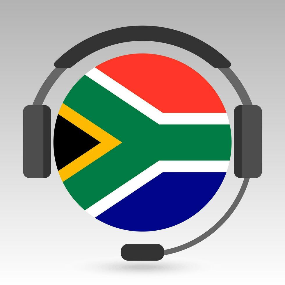 Süd Afrika Flagge mit Kopfhörer, Unterstützung unterzeichnen. Vektor Illustration.