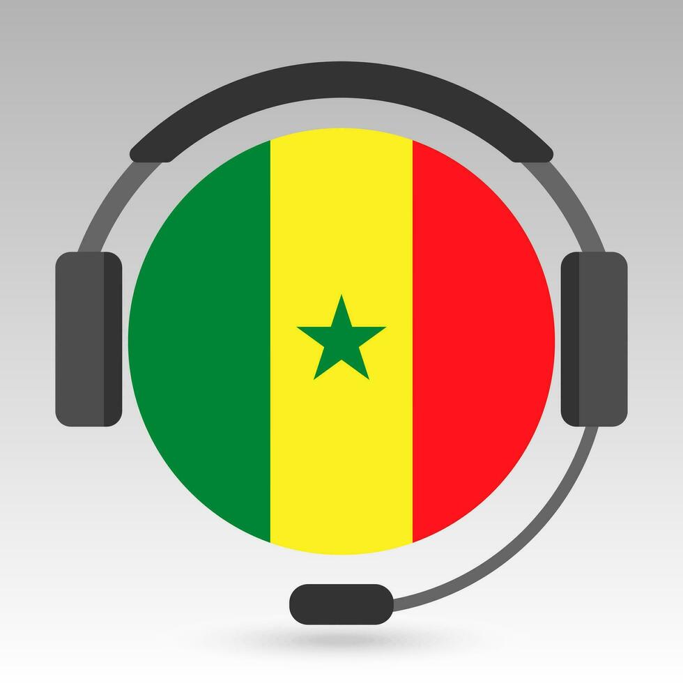 Senegal Flagge mit Kopfhörer, Unterstützung unterzeichnen. Vektor Illustration.