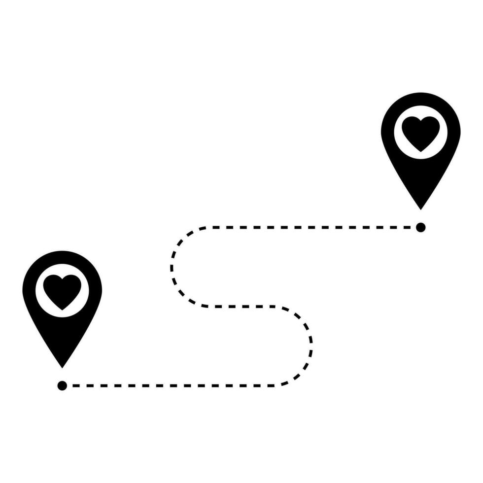 två geolokalisering tecken med hjärta. Karta pekare med hjärta ikon. ansluter älskare. lång distans relation. kärlek vet Nej distans. Lycklig hjärtans dag kort. vektor illustration.