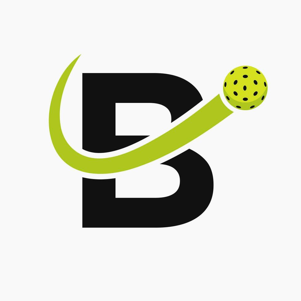 Brief b Pickleball Logo Konzept mit ziehen um Essiggurke Ball Symbol. Essiggurke Ball Logo vektor