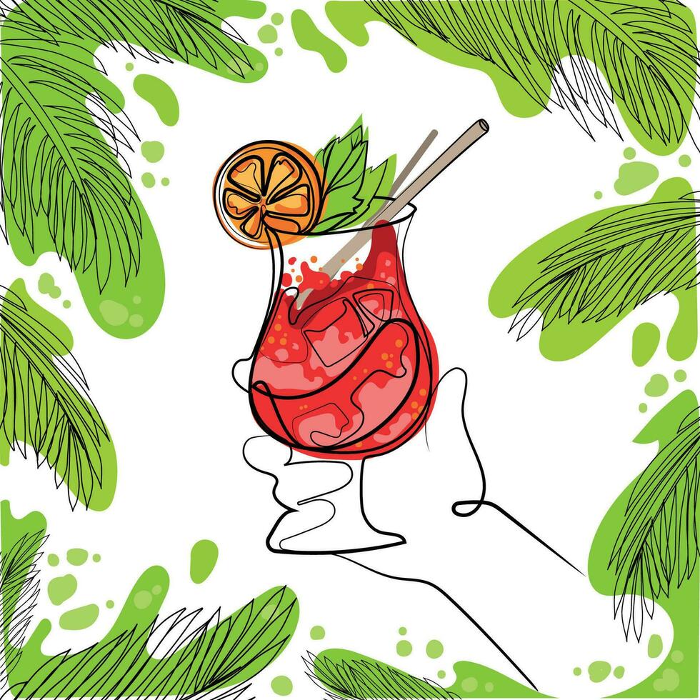 Hand gezeichnet Sommer- Gruß Karte, Einladung mit Limonade trinken im Hand. Hand mit Sommer- Cocktail gerahmt mit tropisch Palme Blätter. Vektor Illustration, Netz Banner.