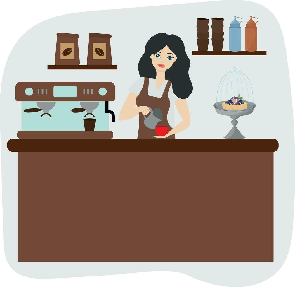 Barista Mädchen im ein Kaffee Geschäft. Arbeitsplatz. lecker Kaffee. hoch Qualität Vektor Illustration.