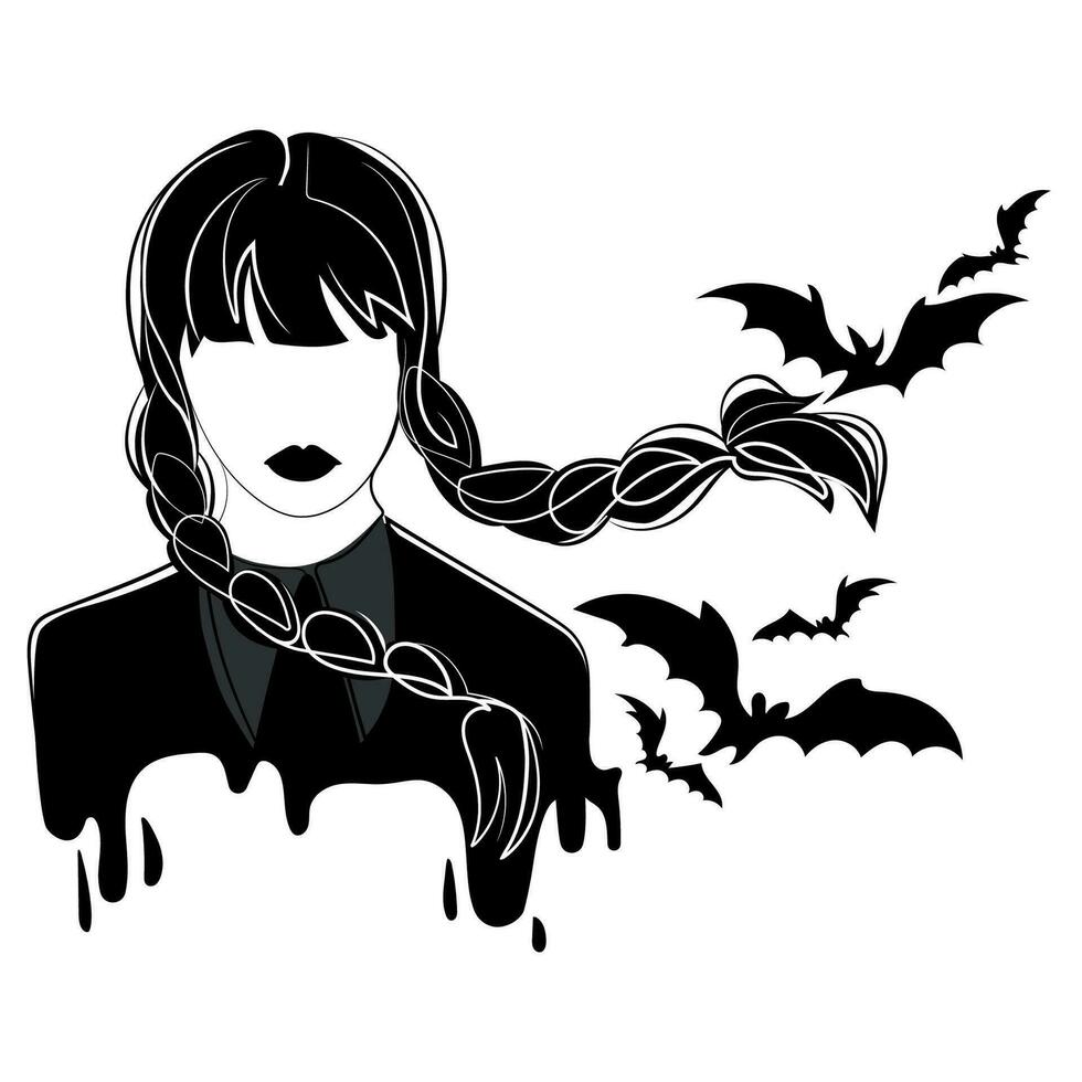 skrämmande gotik flicka med pigtails och fladdermöss för halloween Semester koncept.svart och vit teckning vektor illustration.halloween karaktär flicka med flätor silhuett teckning i minimalistisk stil