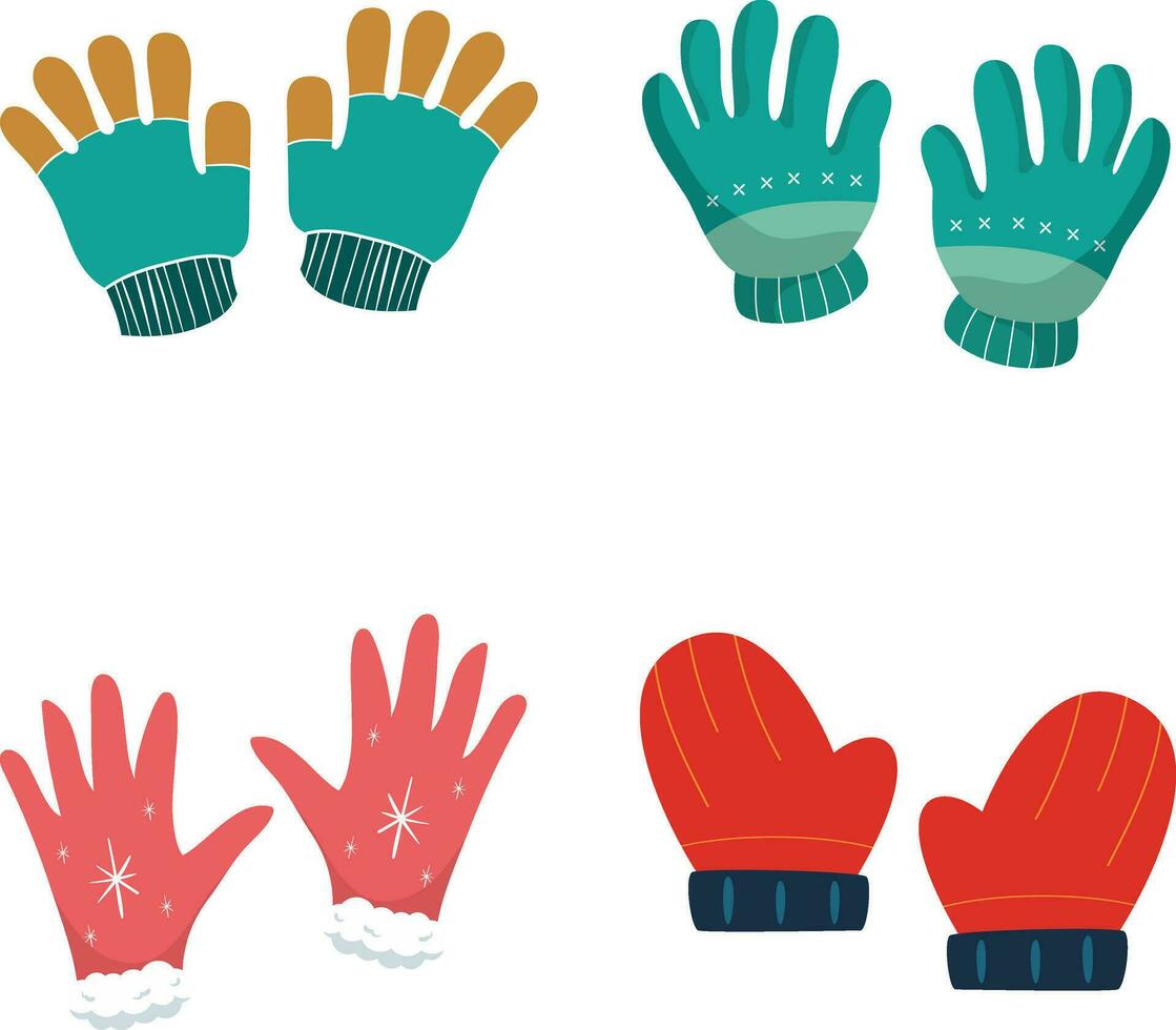 Winter Handschuhe Satz. süß bunt gewebte oder gestrickt Handschuhe zum kalt eisig Wetter isoliert auf Weiß Hintergrund. Karikatur eben Vektor Illustration