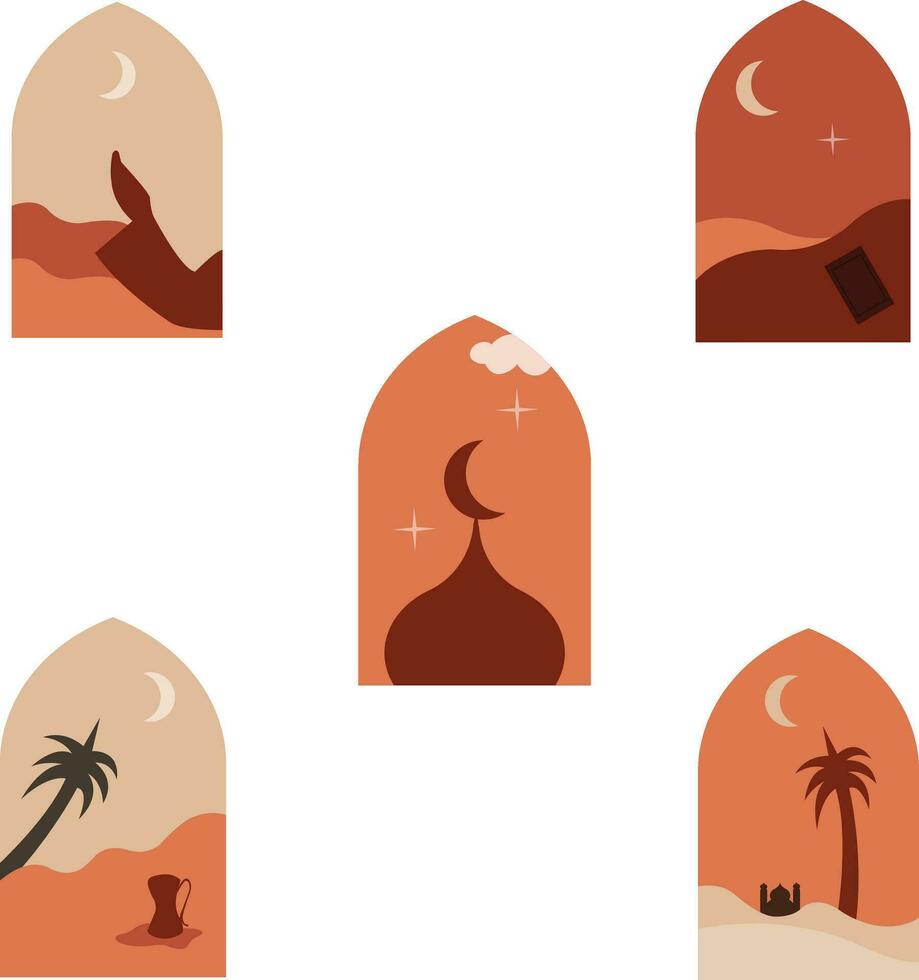 boho islamic fönster. och valv med modern boho design, måne, moské kupol och lyktor för design decoration.illustration vektor