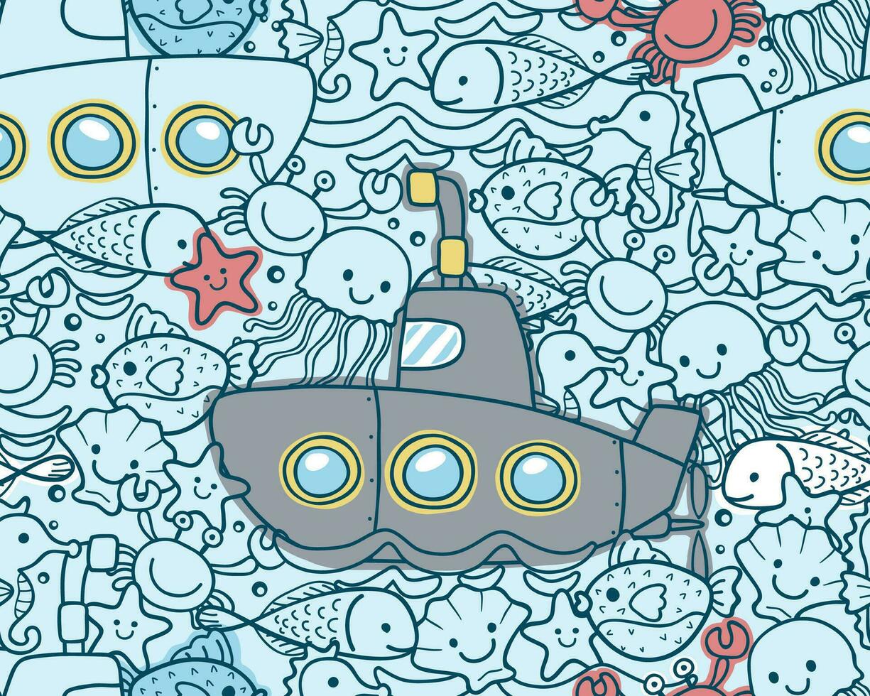 sömlös mönster vektor av tecknad serie u-båt med marin djur