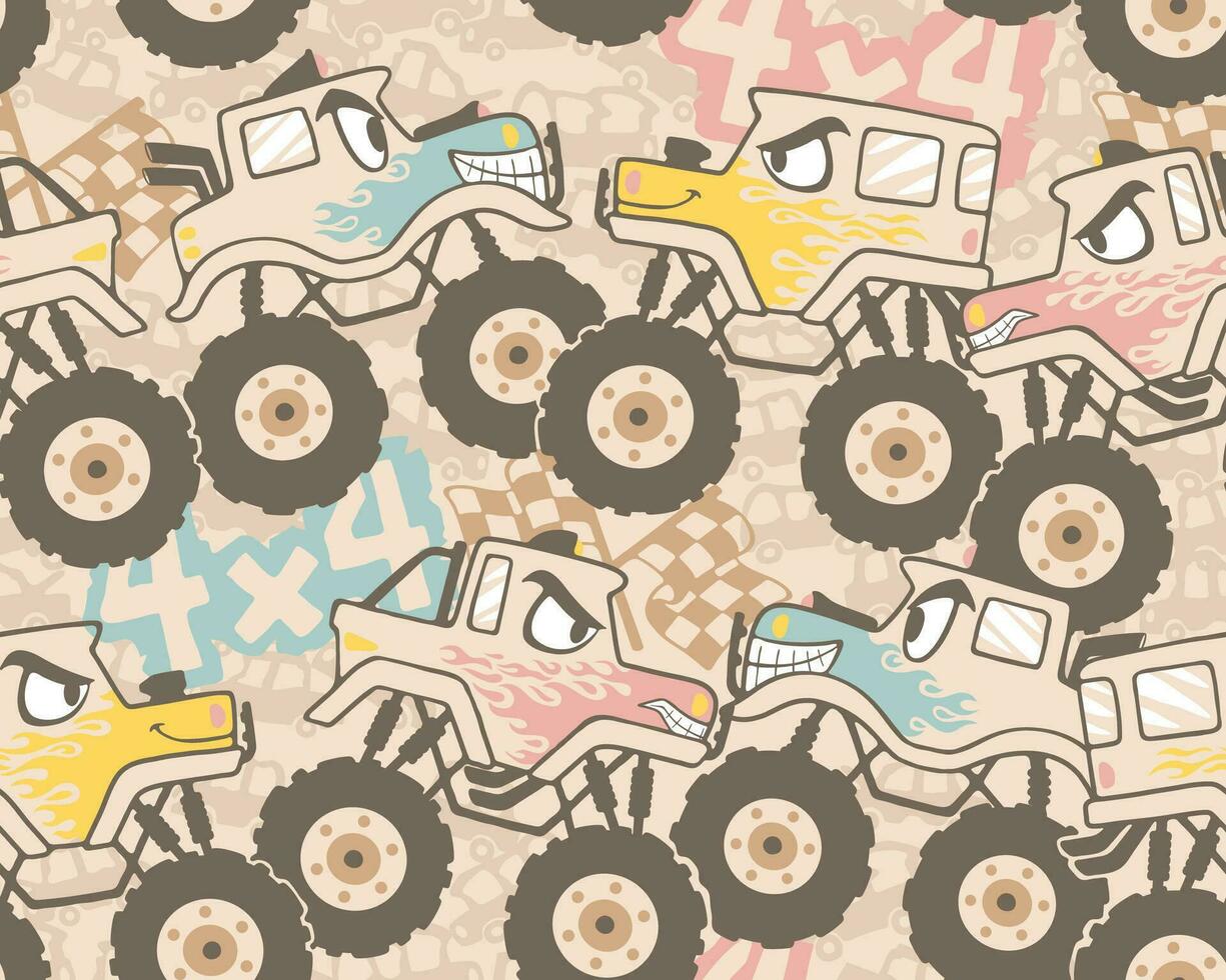 sömlös mönster av monster lastbil tecknad serie med bil tävlings element vektor