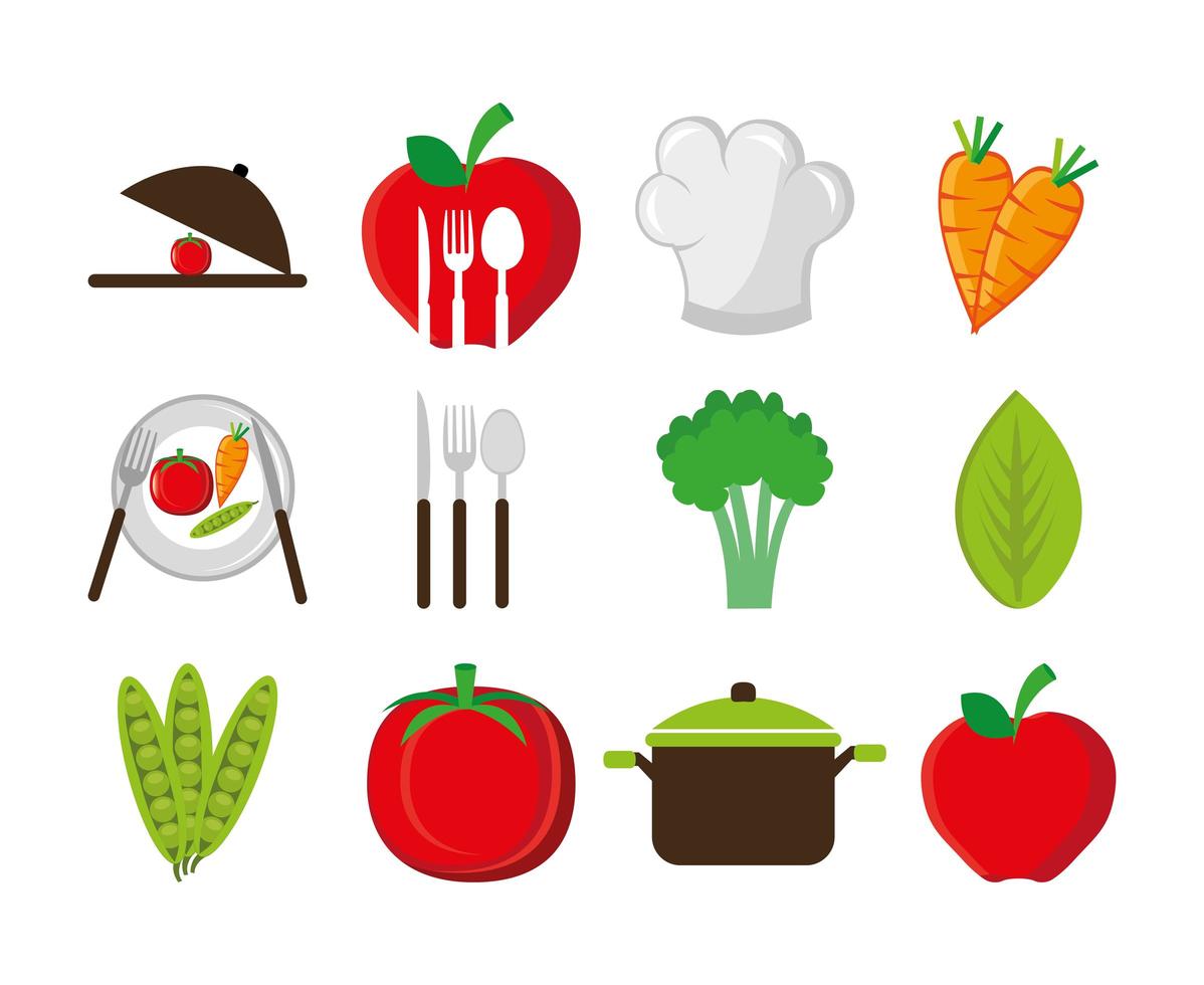 uppsättning bestick med grönsaker och ikoner vektor