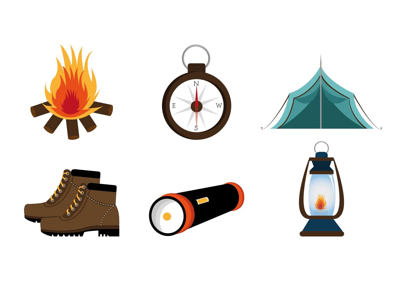 Bündeln Sie Ausrüstung Camping Set Icons vektor