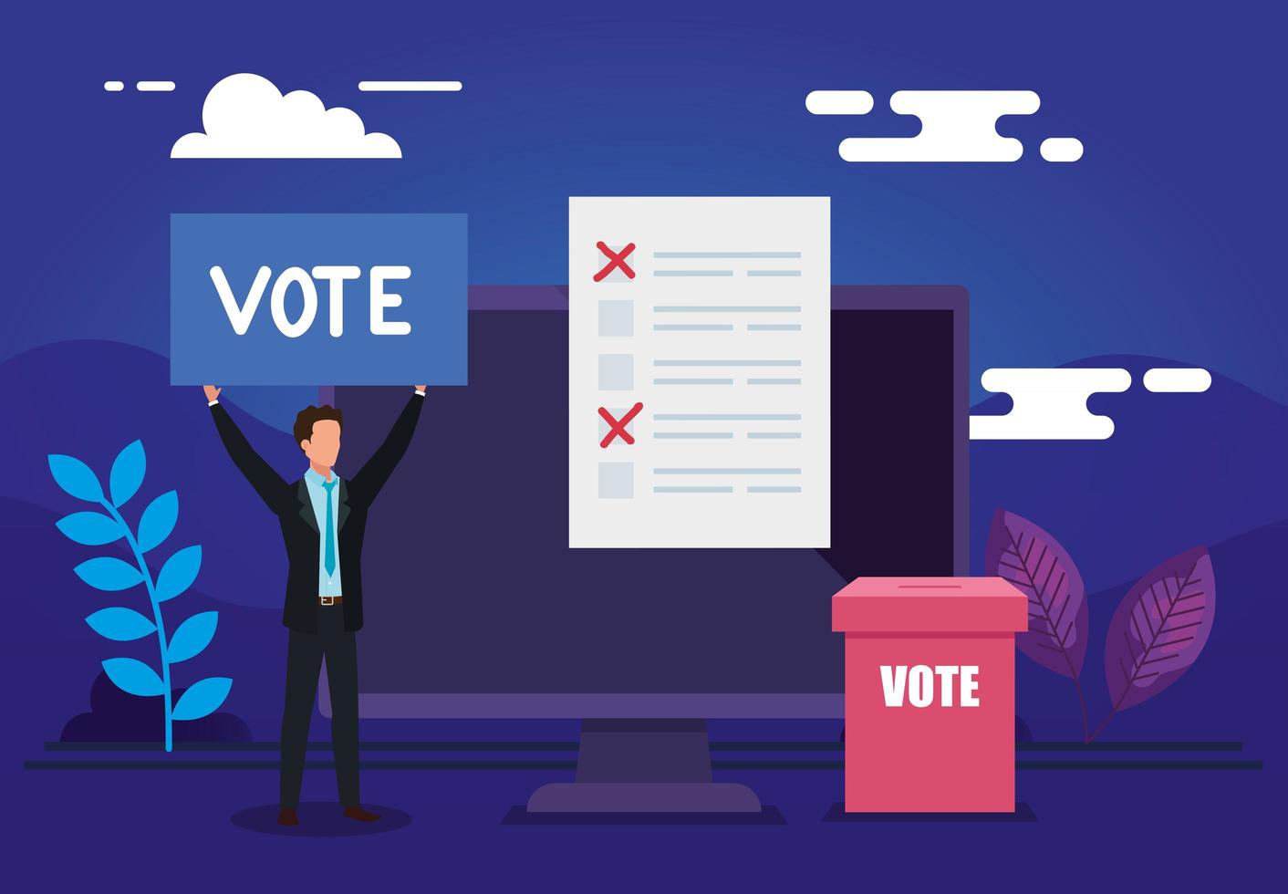 Plakat der Abstimmung online mit Computer und Geschäftsmann vektor