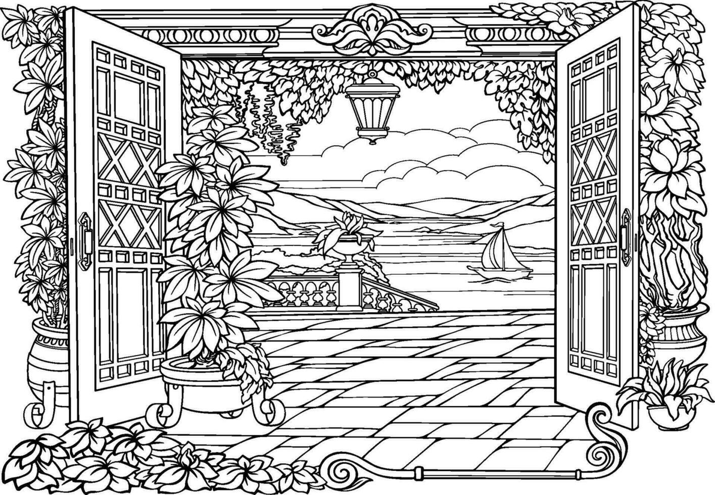 romantisk hemlighet trädgård. färg sida med öppen dörrar, blommor. vektor. vektor