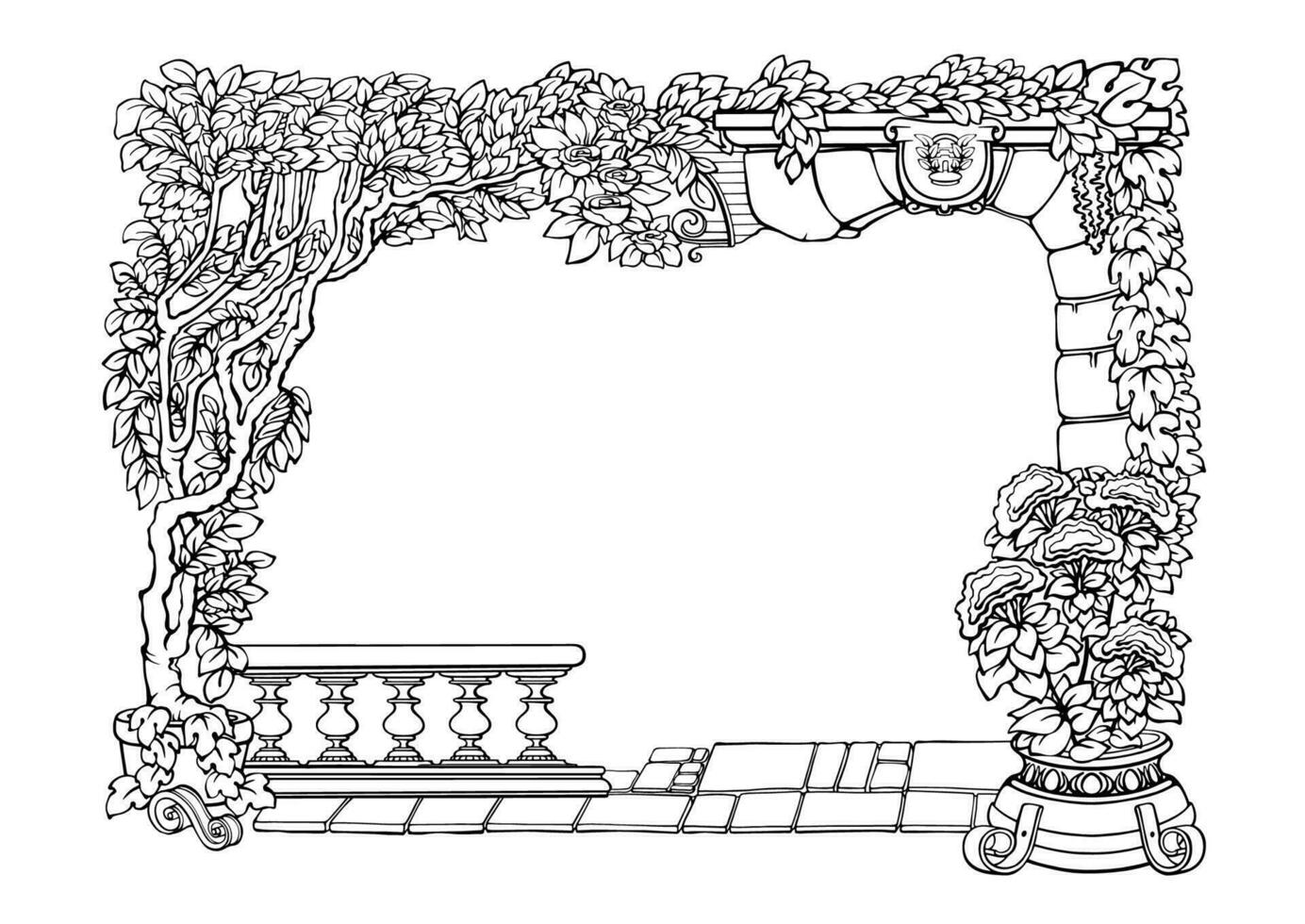 botanisch Rand mit tropisch Pflanzen. Gliederung handgemalt rahmen. Vektor Illustration.