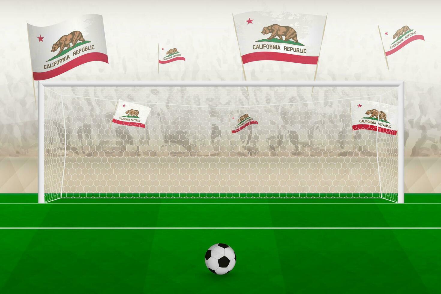 kalifornien fotboll team fläktar med flaggor av kalifornien glädjande på stadion, straff sparka begrepp i en fotboll match. vektor