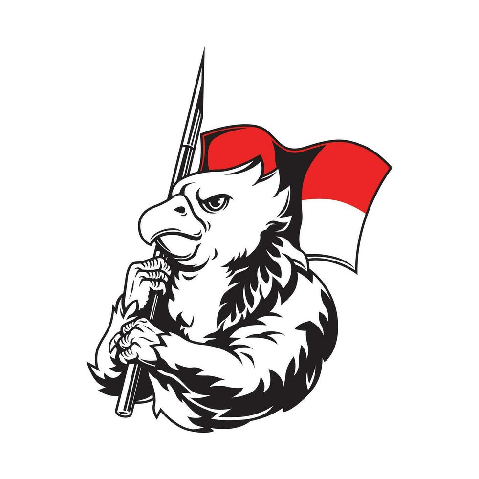 garuda bär en röd och vit flagga med skarp bambu vektor illustration