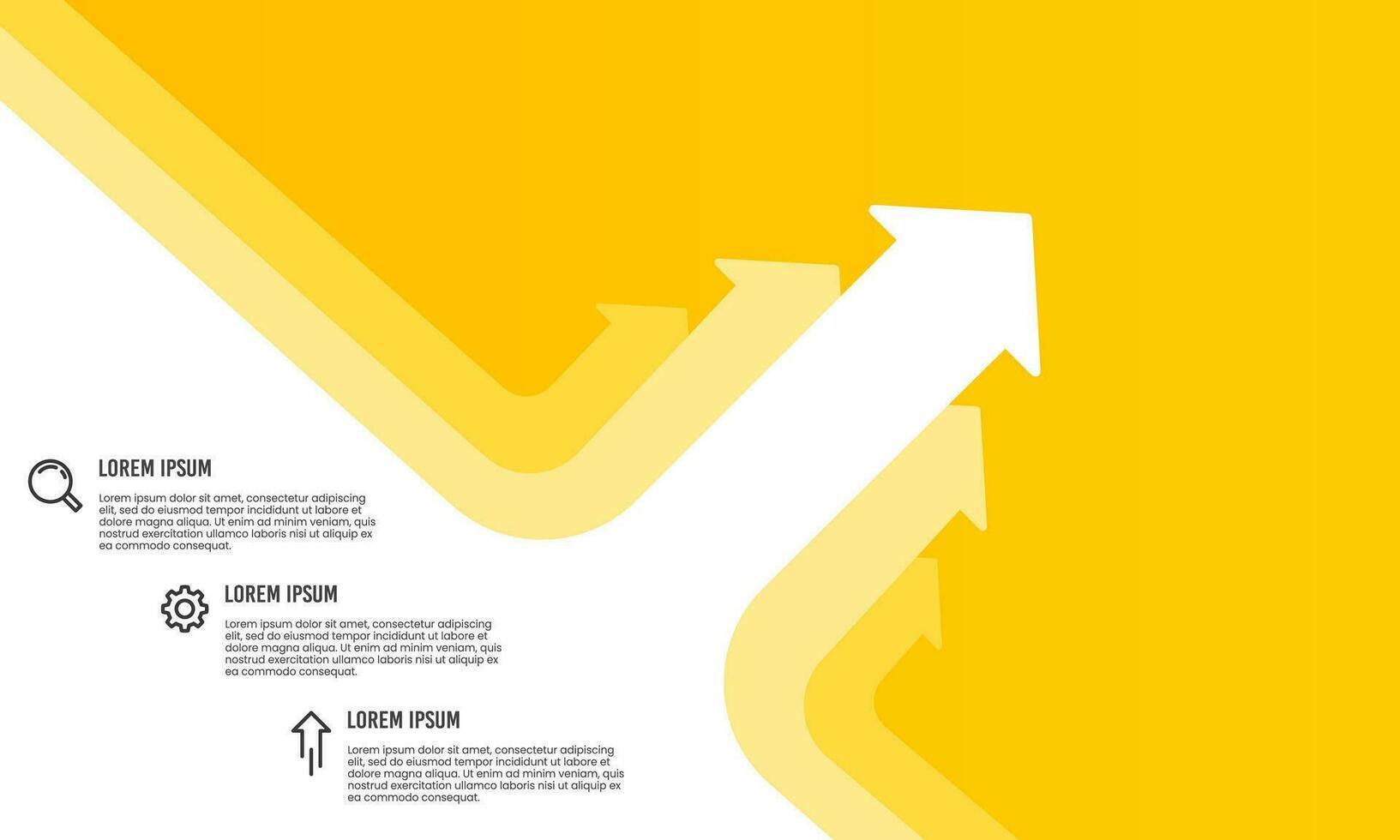 Geschäft Präsentation 3 Möglichkeit mit Weiß nach oben schräg Pfeile auf Gelb Hintergrund Vorlage. Vektor Illustration.