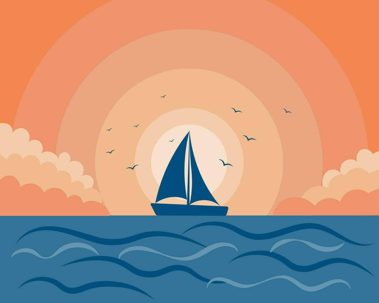 nautisk illustration, en ensam segelbåt och måsar på en solnedgångsbakgrund. orange och lila färger. väggkonst, vektor