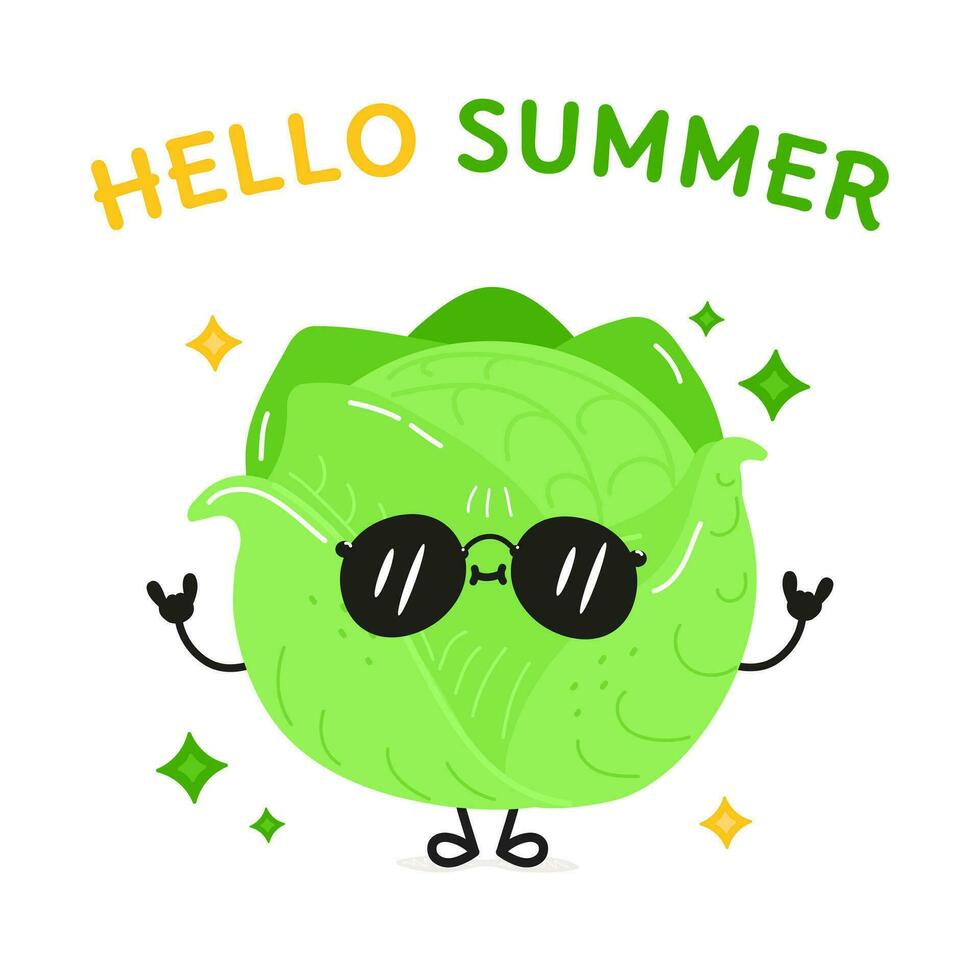 Kohl Charakter. Hallo Sommer- Karte. Vektor Hand gezeichnet Karikatur kawaii Charakter Illustration Symbol. isoliert auf Weiß Hintergrund. Kohl Obst Charakter Konzept