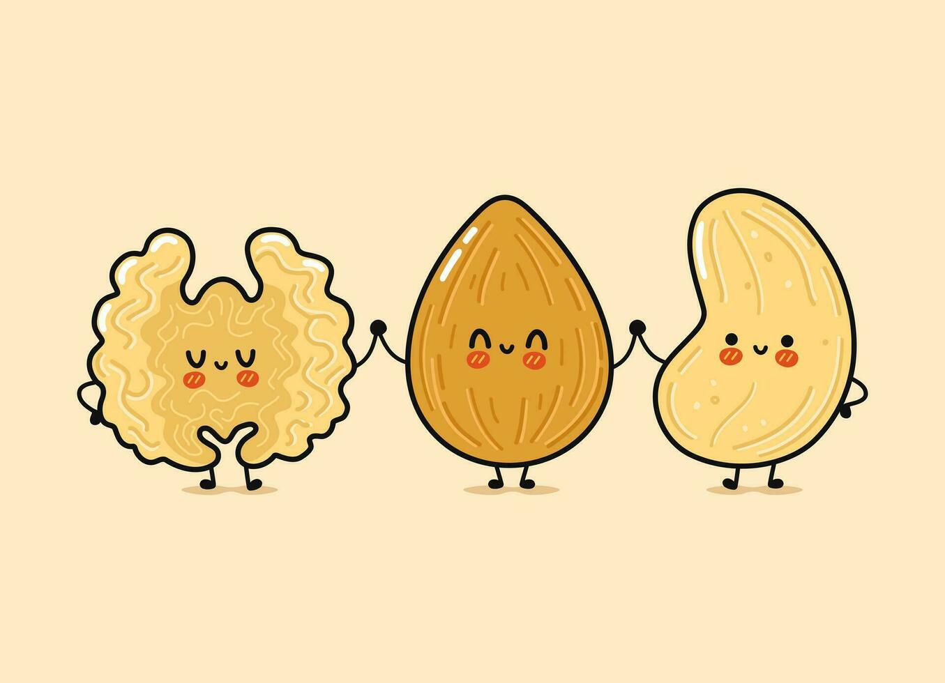 Niedlich, komisch glücklich Mandeln, Nussbaum und Cashewkerne Mutter. Vektor Hand gezeichnet Karikatur kawaii Figuren, Illustration Symbol. komisch glücklich Karikatur Mandel, Nussbaum Cashew Nuss Maskottchen freunde Konzept