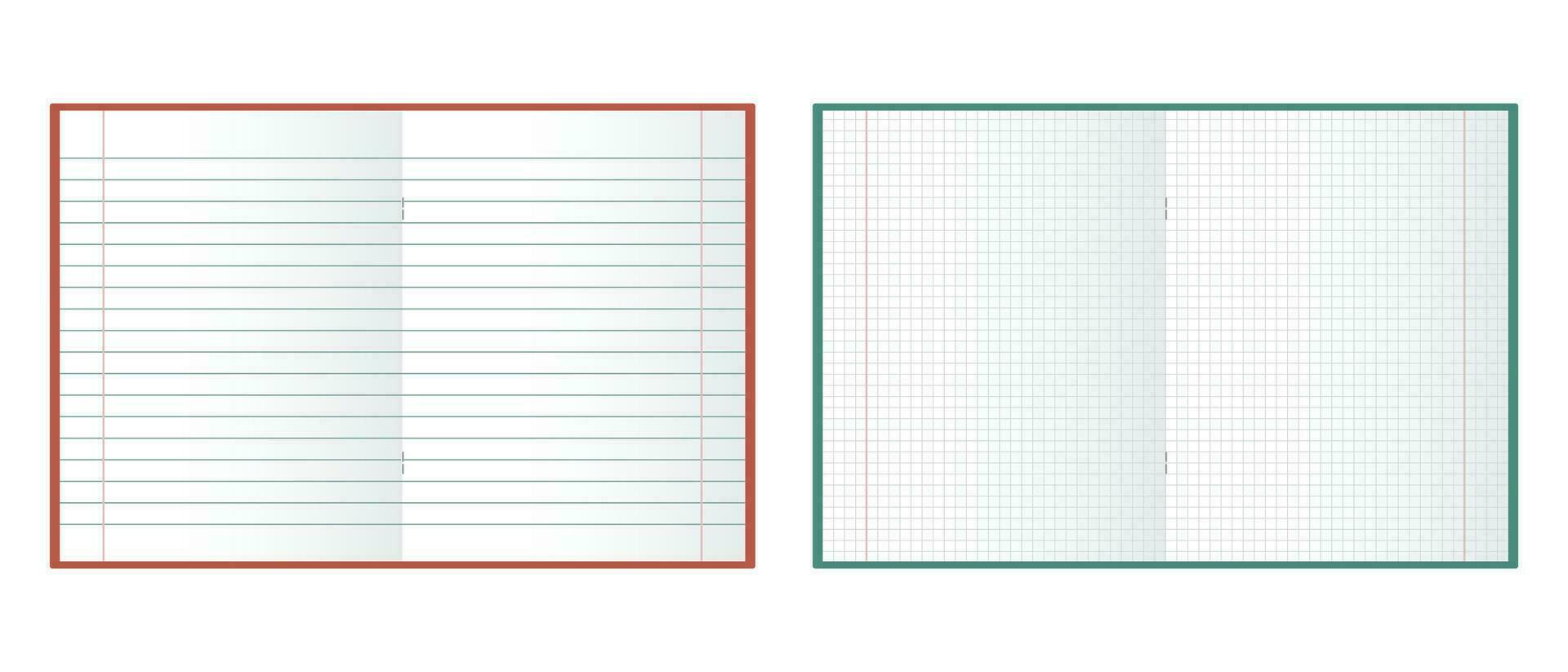 skola anteckningsbok. mockup, tom rutig och linjär anteckningsblock på vit bakgrund. illustration, vektor
