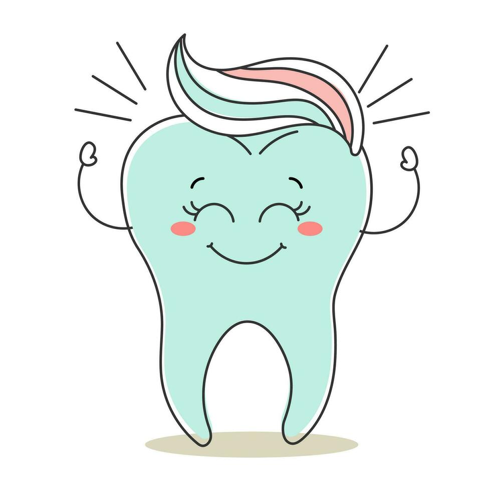 friska tand söt karaktär med tandkräm, söt tecknad serie karaktär. dental vård. illustration, ikon, vektor