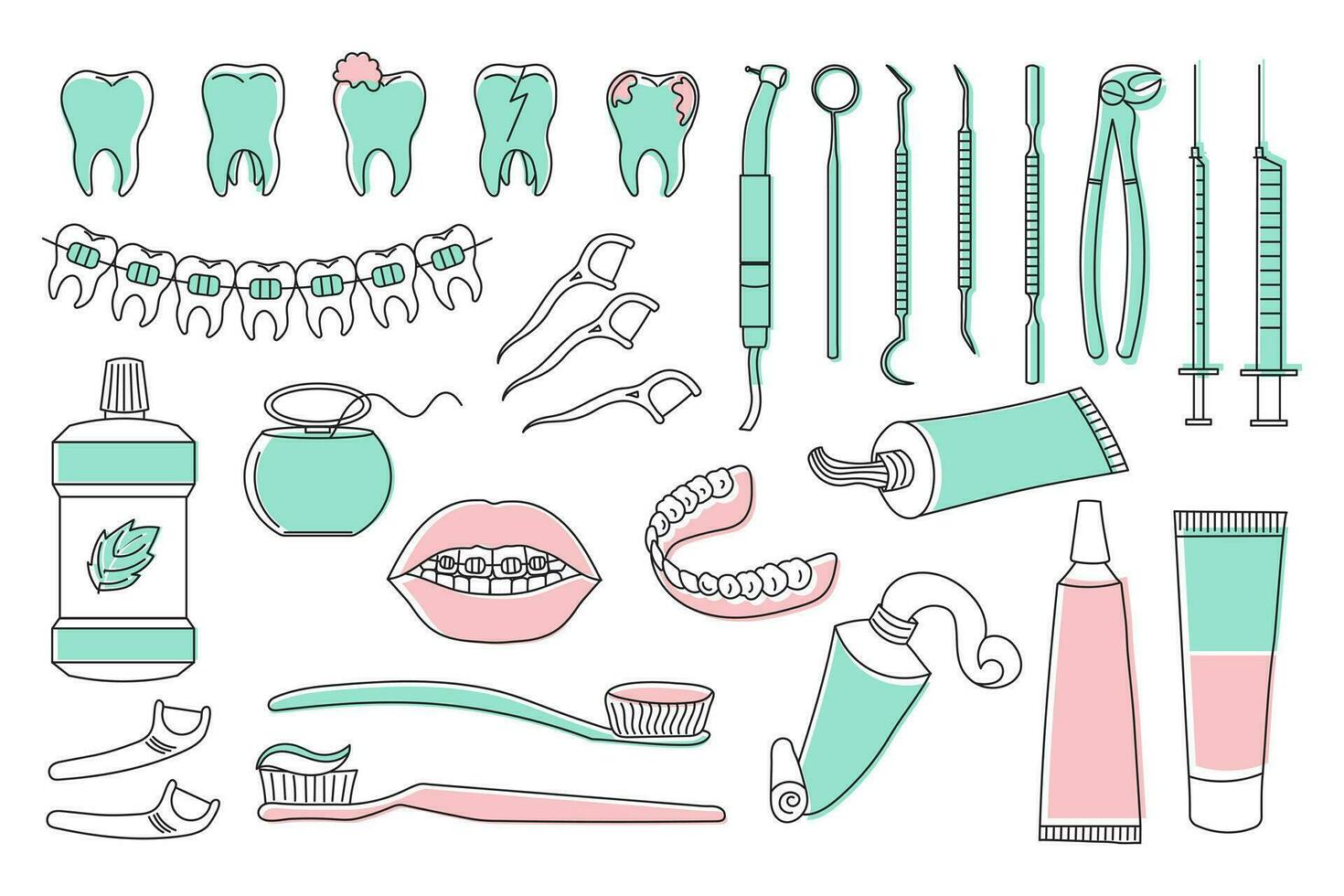 Dental Symbole Satz, Zahnheilkunde Symbole Sammlung. Skizzen mit Farbe, Logo Illustrationen, Dental Klinik linear Zeichen Satz. vektor