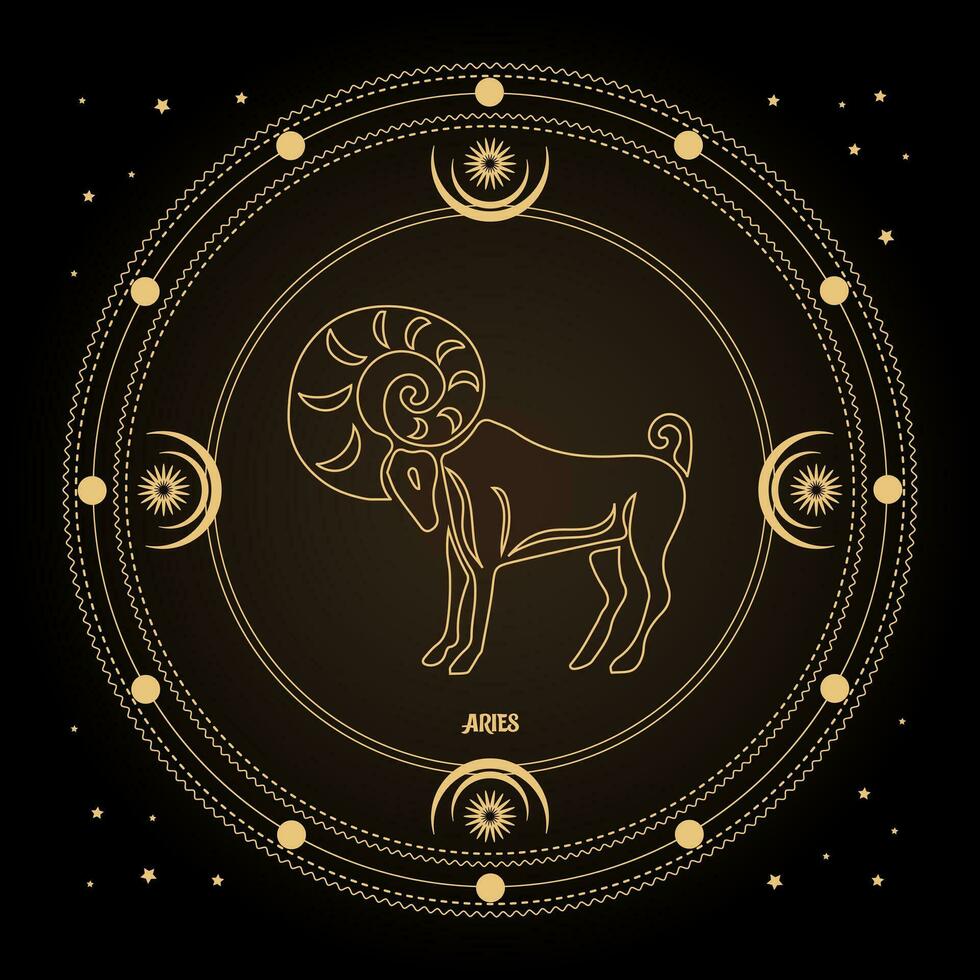 aries zodiaken tecken, astro horoskop tecken i en mystisk cirkel med måne, Sol och stjärnor. gyllene design, vektor