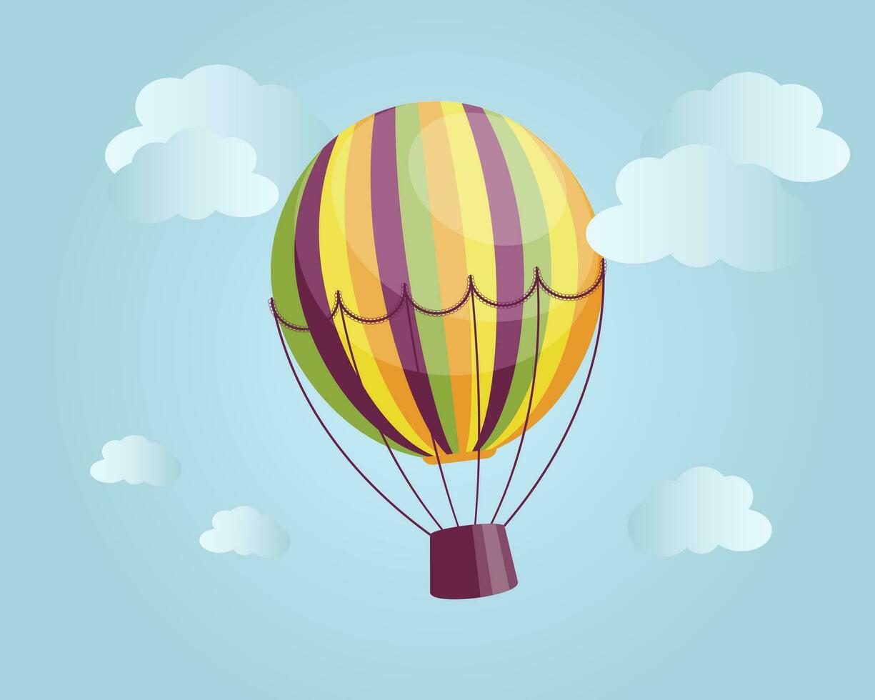 Illustration, bunt gestreifter Heißluftballon auf dem Hintergrund einer Landschaft mit Wolken. drucken, plakat, vektor