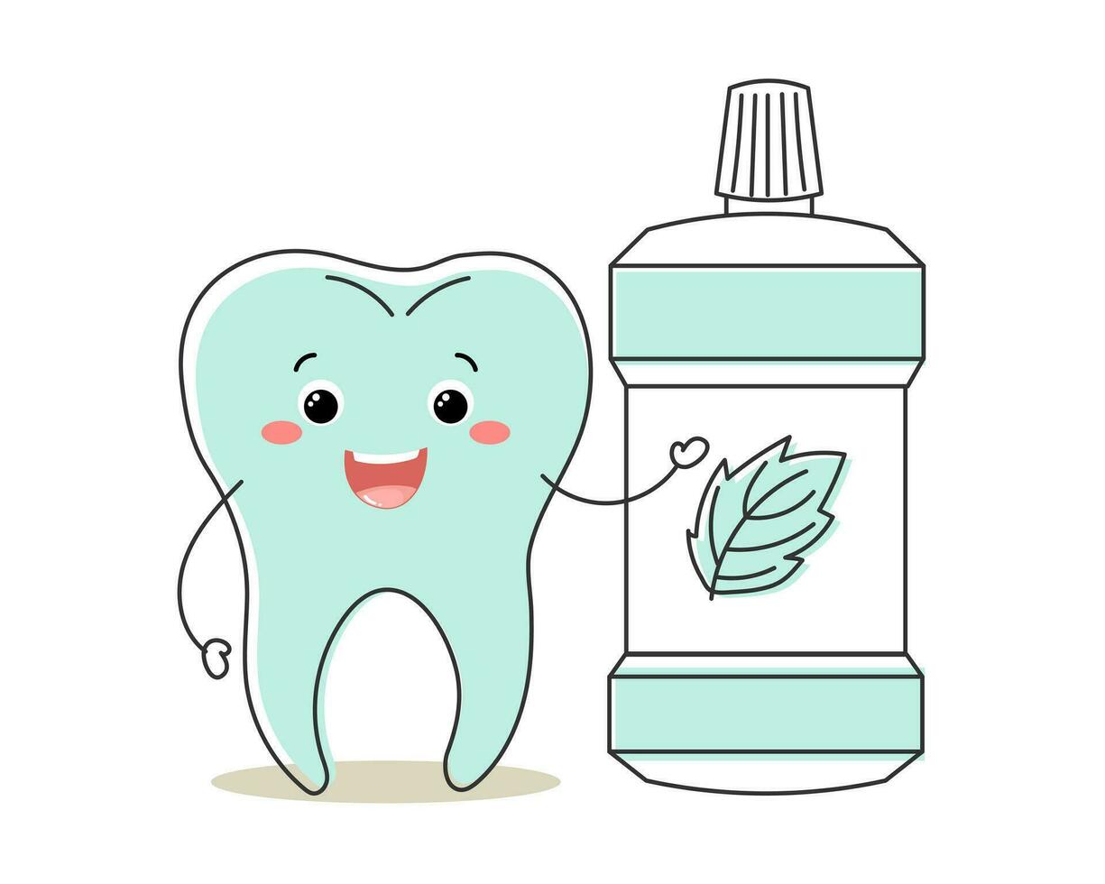 friska tand söt karaktär med tand Skölj, söt tecknad serie karaktär. dental vård. illustration, ikon, vektor