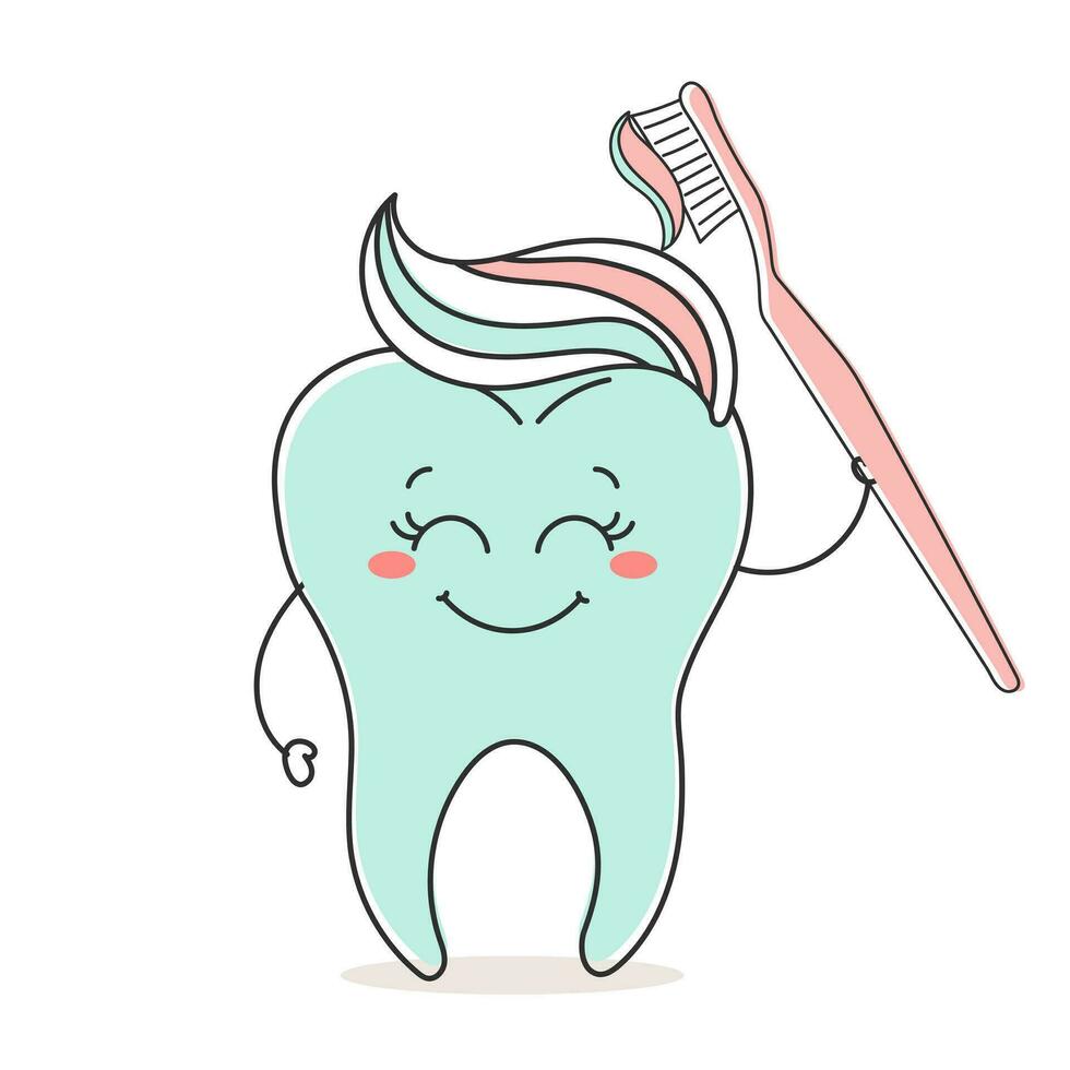 gesund Zahn kawaii Charakter mit Zahnpasta und Zahnbürste, süß Karikatur Charakter. Dental Pflege. Illustration, Symbol, Vektor