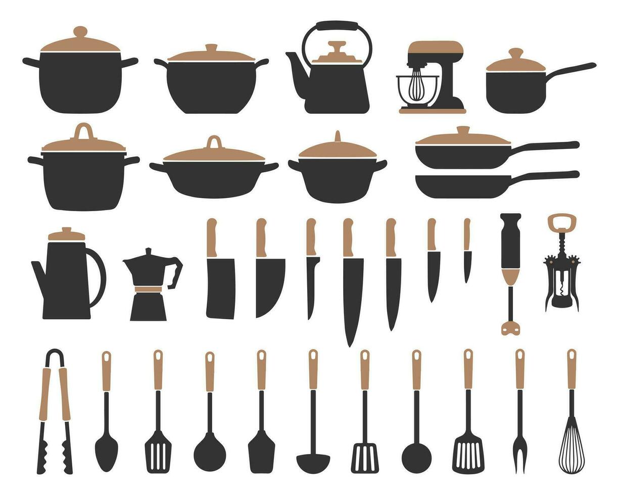 groß einstellen von Küche Utensilien, Silhouette. Töpfe, braten Pfannen, Kelle, Wasserkocher, Kaffee Hersteller, Rührgerät, Mixer, Messer. Symbole, Vektor