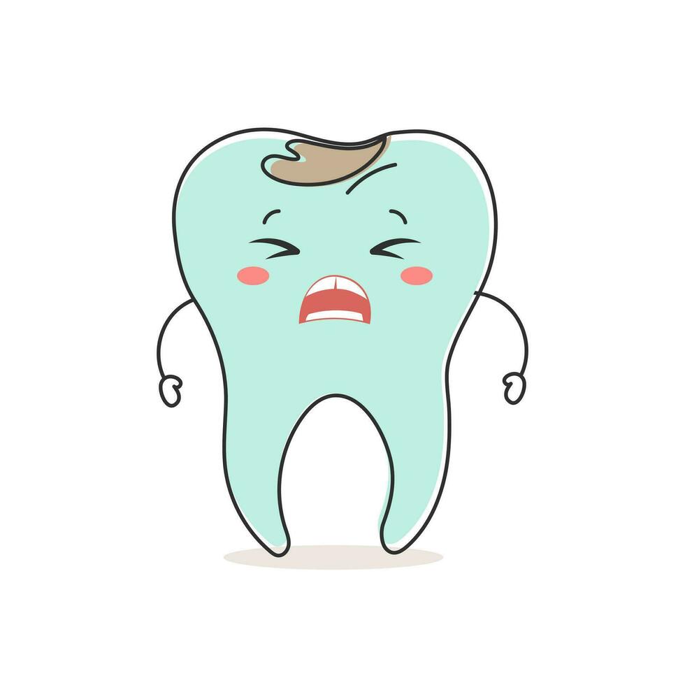 söt ohälsosam tand med dental karies, söt tecknad serie karaktär. dental vård. illustration, ikon, vektor