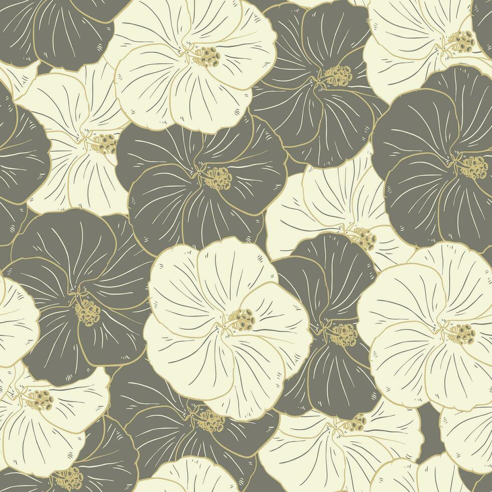 sömlös mönster, beige hibiskus blommor med en gyllene översikt. retro skriva ut, textil, bakgrund, vektor