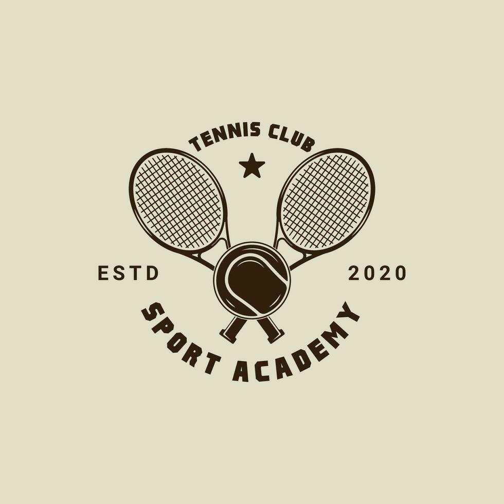 korsade tennis racketar logotyp årgång vektor illustration mall ikon grafisk design. sport tecken eller symbol med boll för klubb eller turnering typografi retro stil begrepp