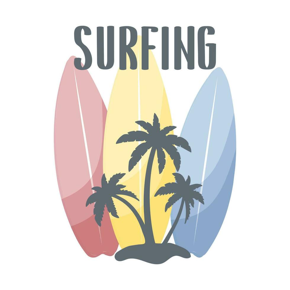 Sommer- Poster mit Surfbretter, Palme Bäume und Beschriftung Surfen. Sommer- Illustration, Logo, Vektor