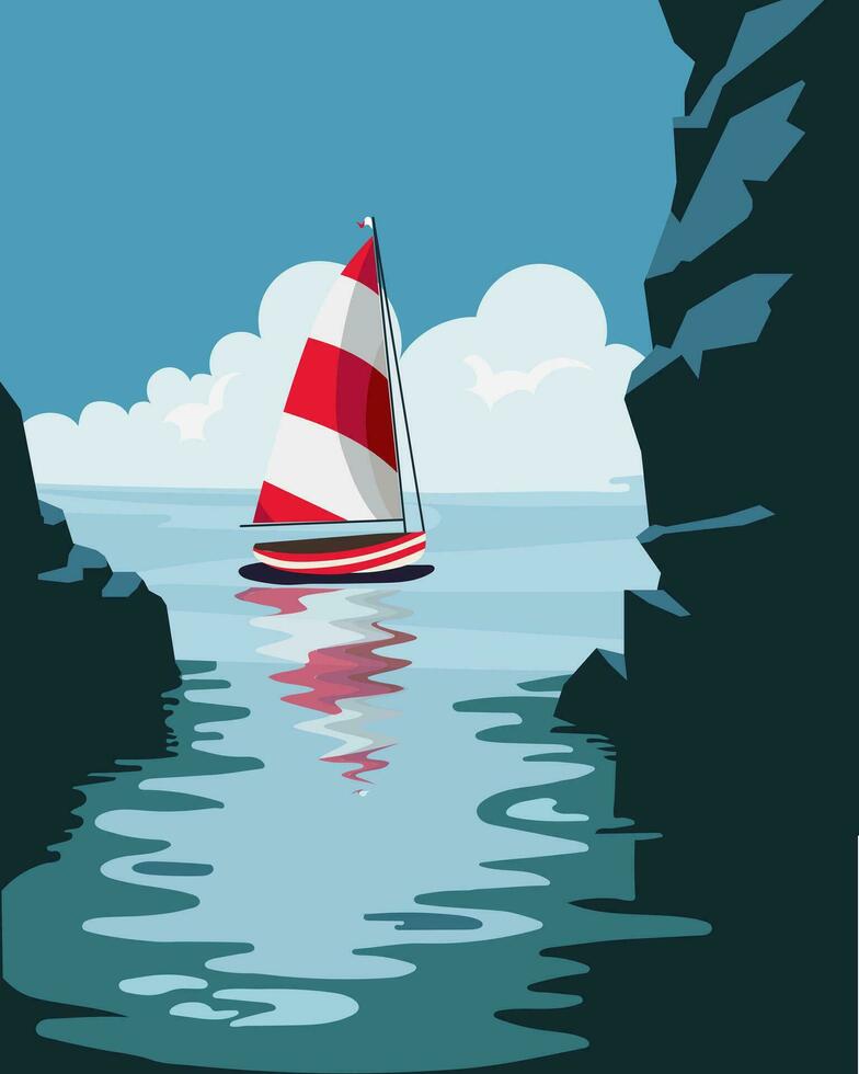 havsbild, en Yacht med en vit segla på de hav bland de rocks. affisch, skriva ut, färgrik sommar marin illustration vektor