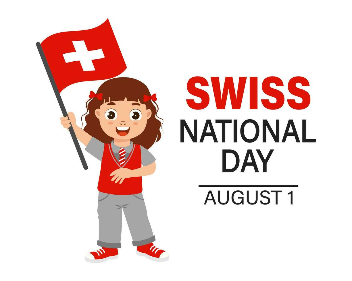 swiss nationell dag. söt liten flicka med de flagga av schweiz. tecknad serie illustration, baner, affisch, vektor