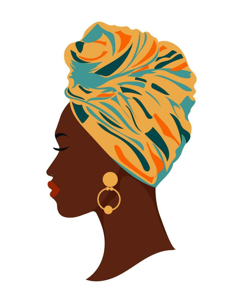 Porträt einer schönen afrikanischen Frau in einem nationalen Kopfschmuck im Profil. Abbildung, Vektor