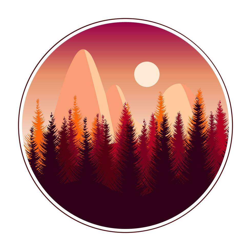 Berglandschaft, Berge, Tannen, Bäume vor dem Hintergrund des Sonnenuntergangs. Drucken, Cliparts, Illustrationen vektor