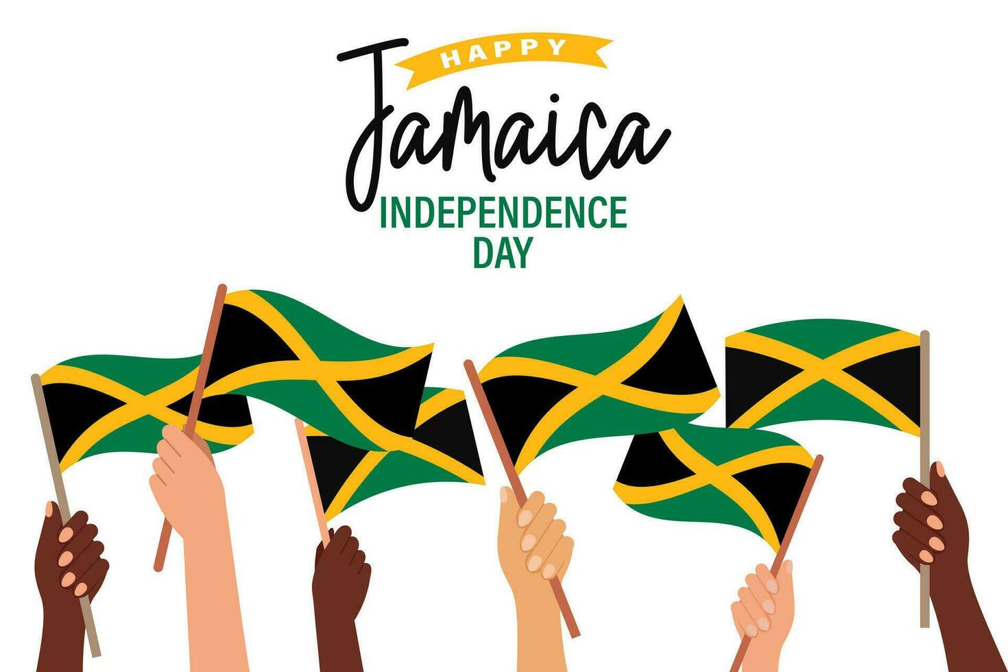 jamaica oberoende dag. raser händer med jamaica flaggor. jamaica oberoende dag baner. illustration, affisch, vektor