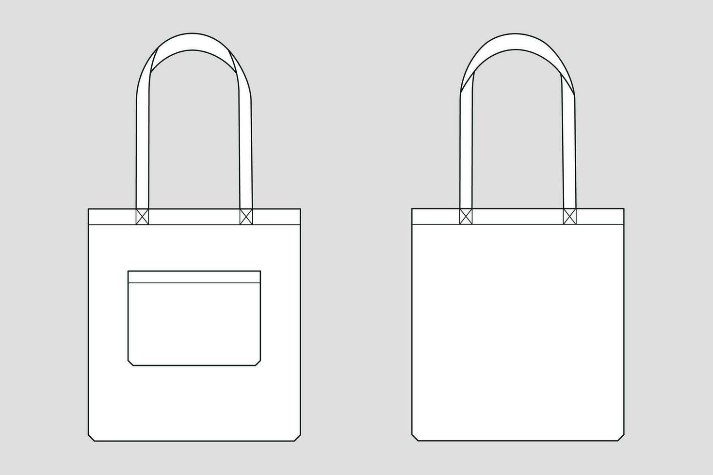 shopper väska med ficka vektor mall isolerat på vit. kläder modeller skiss uppsättning. översikt för mode kläder design. främre och tillbaka se.