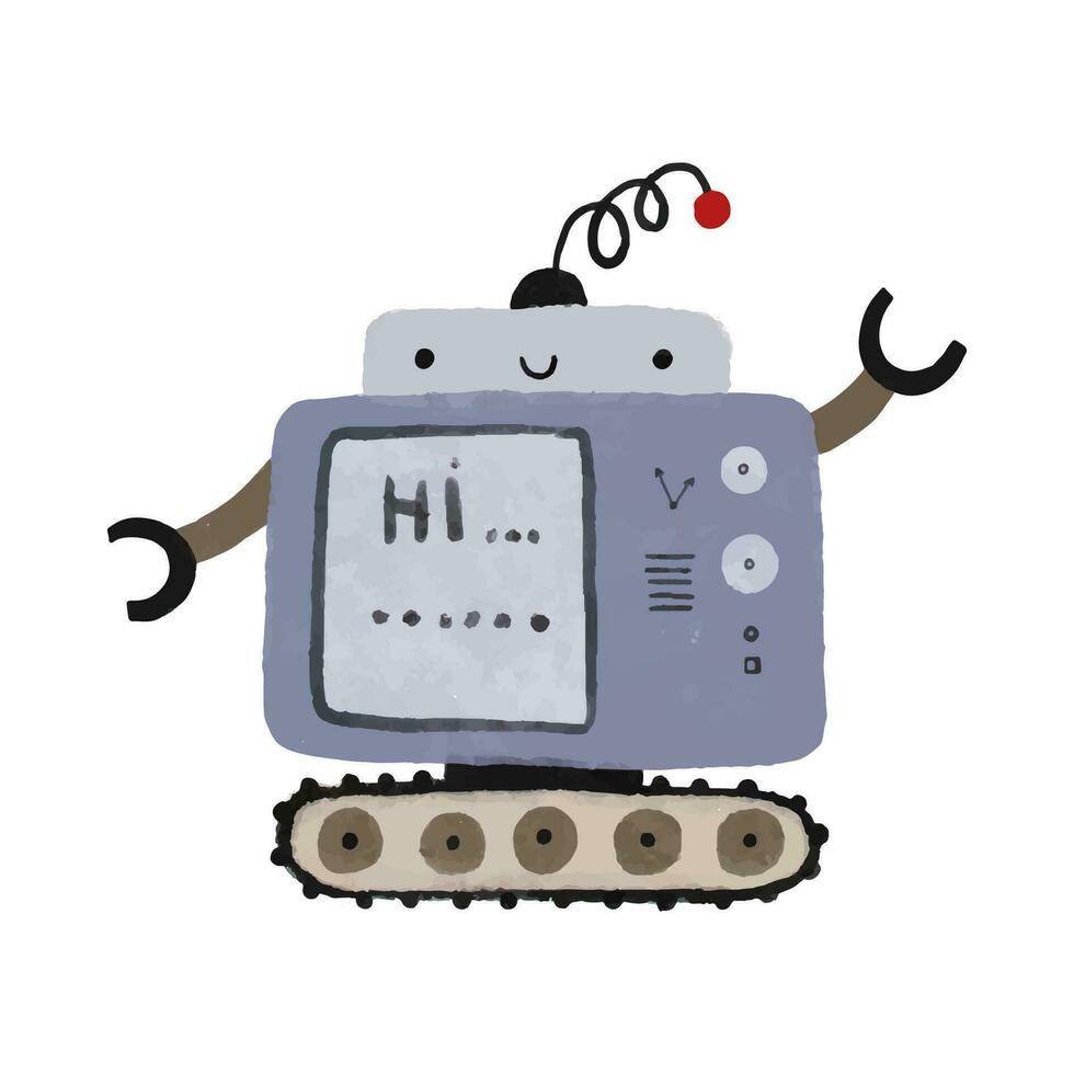 komisch Karikatur farbig Kinder Roboter. süß Cyborg, retro, Android, lächelnd Zeichen im eben Illustration isoliert auf Weiß Hintergrund. süß kindisch Illustration, Aufkleber, drucken vektor