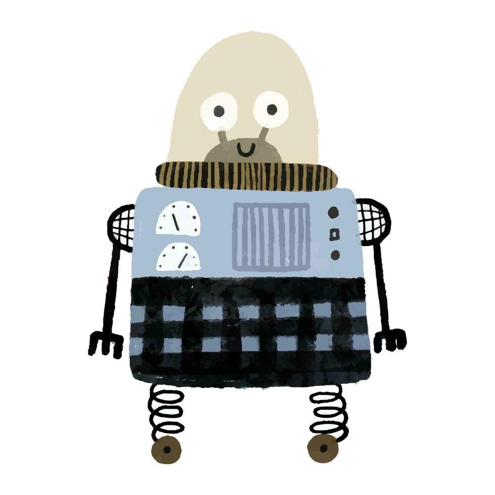 rolig tecknad serie färgad barn robotar. söt cyborg, retro, android, leende tecken i platt illustration isolerat på vit bakgrund. söt barnslig illustration, klistermärken, skriva ut vektor