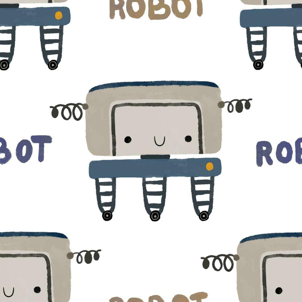 sömlös mönster med annorlunda årgång robotar. hand målad illustration. isolerat ändlös upprepa Färg enkel platt mönster med robotar, bultar, text och doodles. mönster för barn med robotar vektor