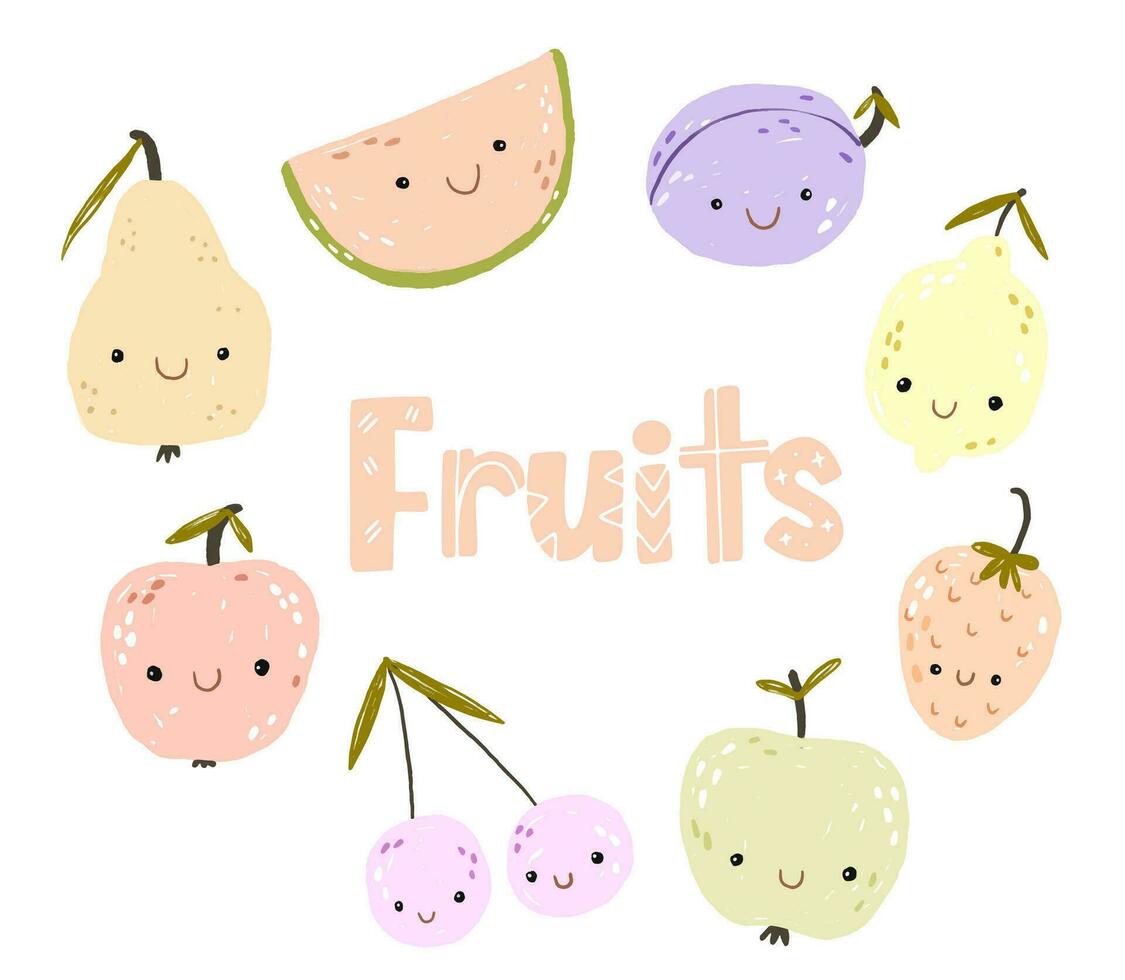 Sammlung von Früchte im eben Hand gezeichnet Illustrationen. tropisch Früchte. Zutaten Farbe Clip Art. isoliert Obst Symbole auf ein Weiß Hintergrund. vektor
