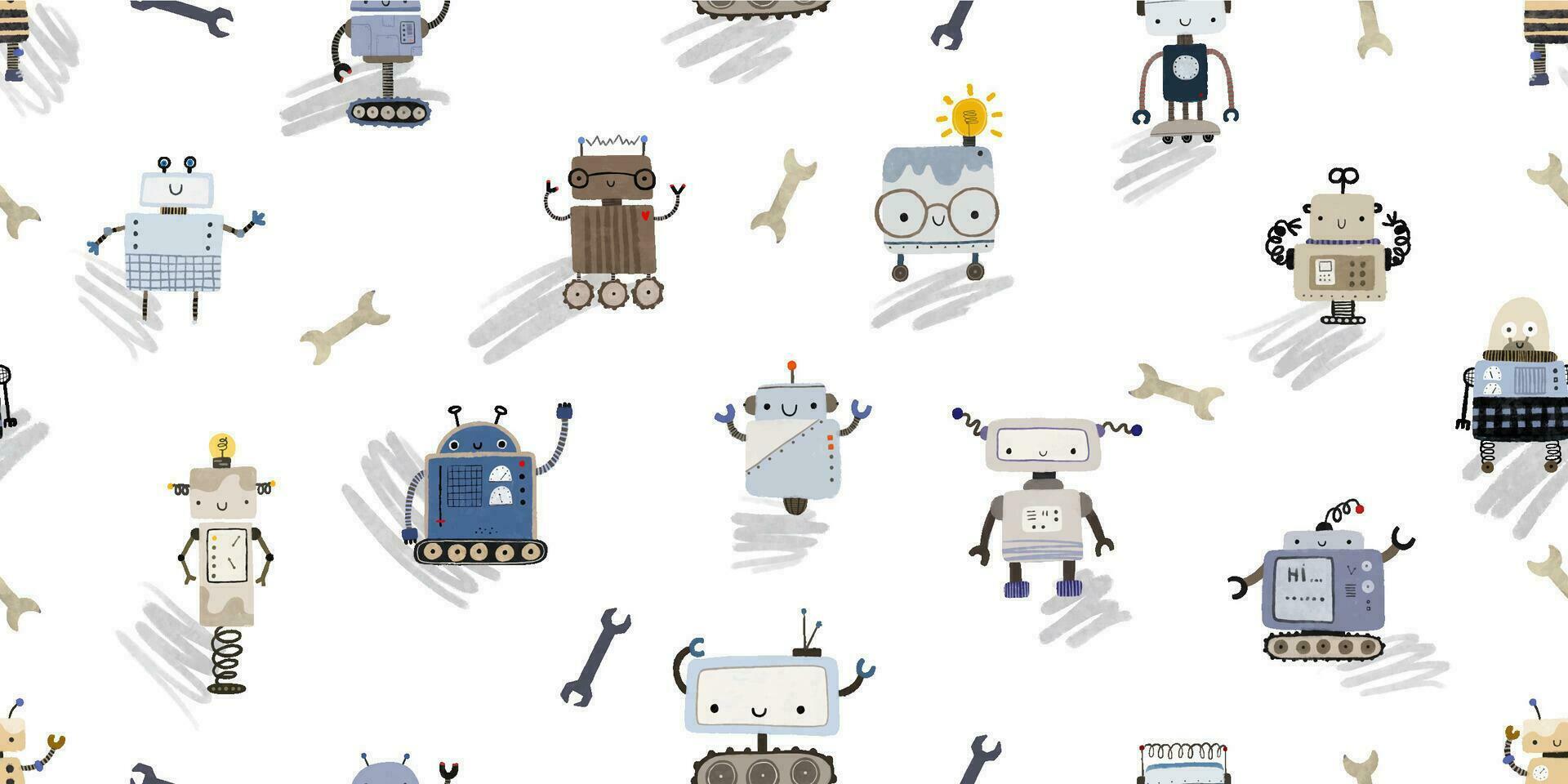 bunt Karikatur Roboter isoliert Hintergrund nahtlos Muster. endlos Muster mit anders Roboter. wiederholen Farbe einfach eben Muster mit Monster. Muster zum Kinder mit Karikatur Figuren. vektor