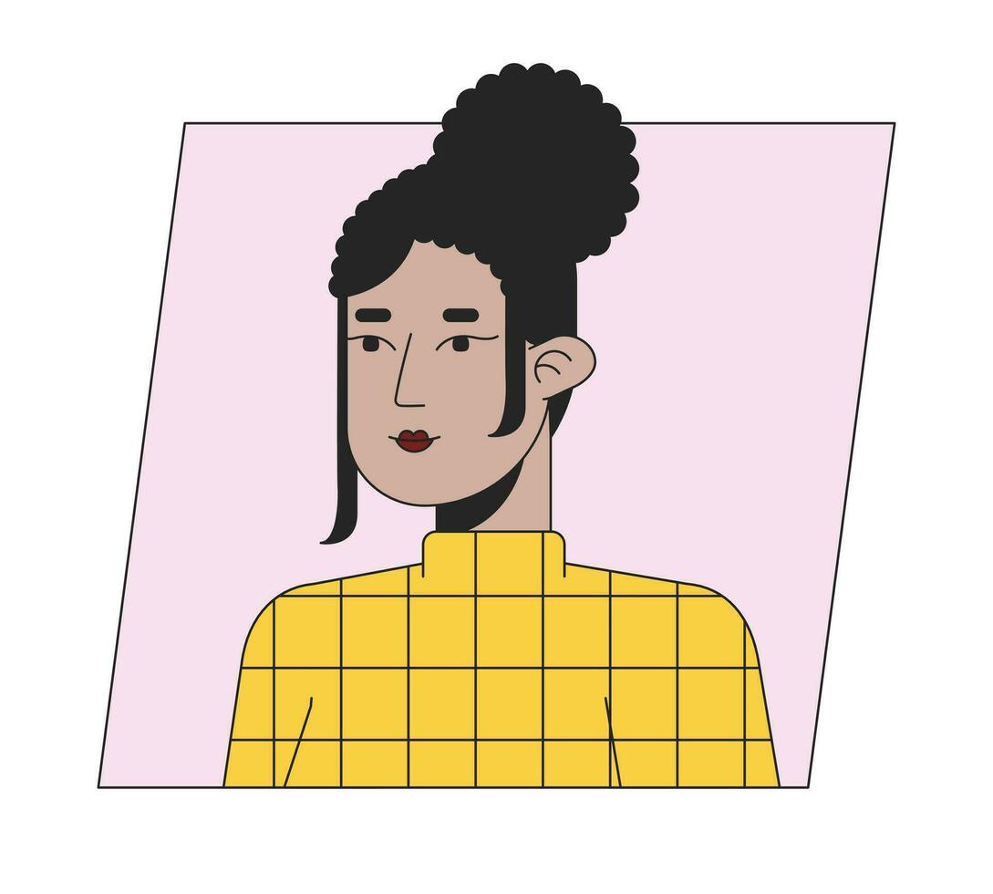 attraktiv ung kvinna med bulle frisyr platt Färg tecknad serie avatar ikon. redigerbar 2d användare porträtt linjär illustration. isolerat vektor ansikte profil ClipArt. användarbild, person huvud och axlar