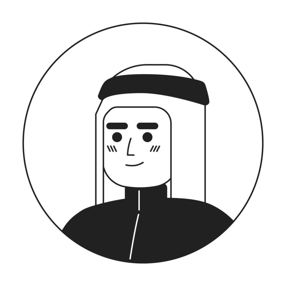 självsäker arab man i hijab svartvit platt linjär karaktär huvud. redigerbar översikt hand dragen mänsklig ansikte ikon. 2d tecknad serie fläck vektor avatar illustration för animering