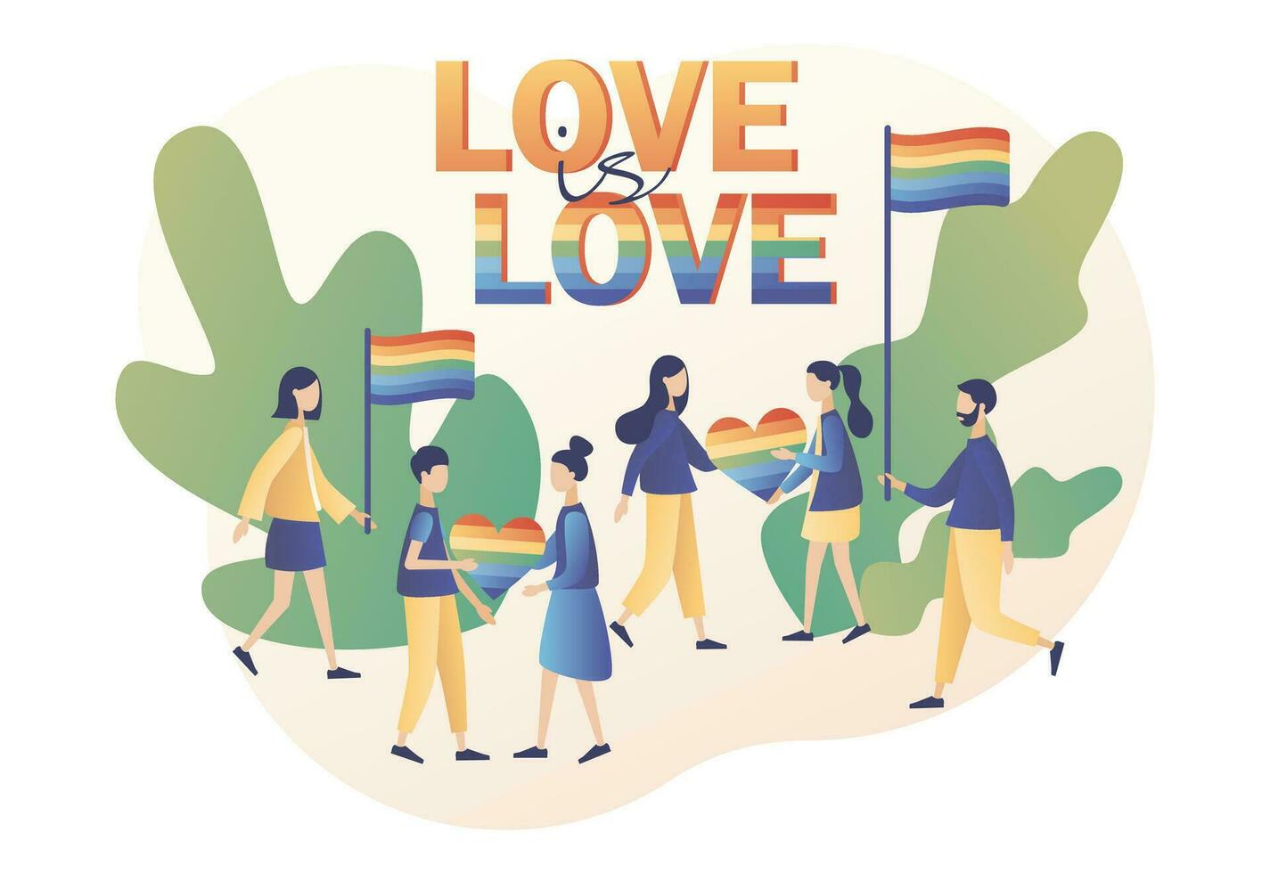 Liebe Parade. Liebe ist Liebe. lgbt Bewegung Konzept. winzig Menschen mit Regenbogen farbig Flagge und Herzen. modern eben Karikatur Stil. Vektor Illustration auf Weiß Hintergrund