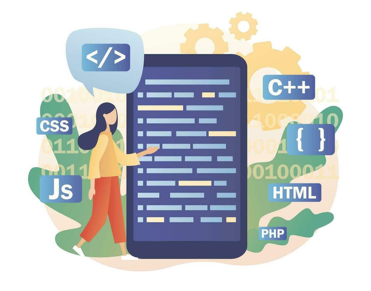 programmering och teknik utveckling. mycket liten kvinna programmerare eller utvecklare skapa koda programmering språk. php,html, c, css, js. modern platt tecknad serie stil. vektor illustration på vit bakgrund